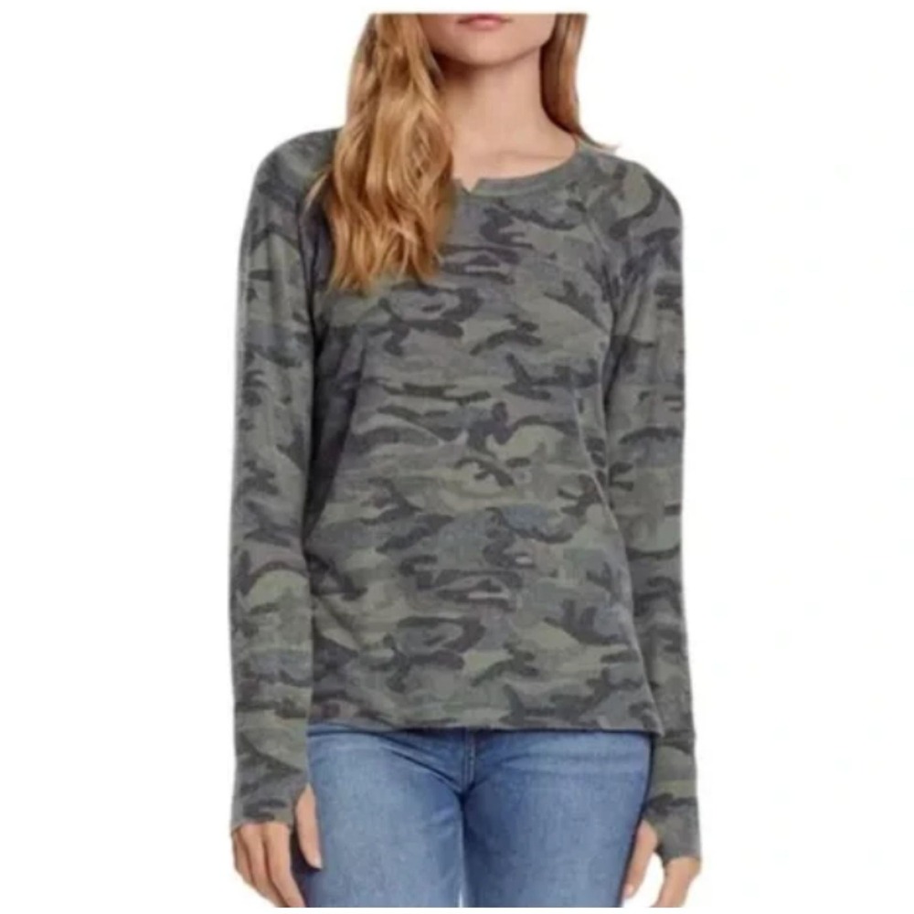 Michael Stars Treasure L/S Notch Neck Hi Lo Top Womens Small Green Camo Pullover